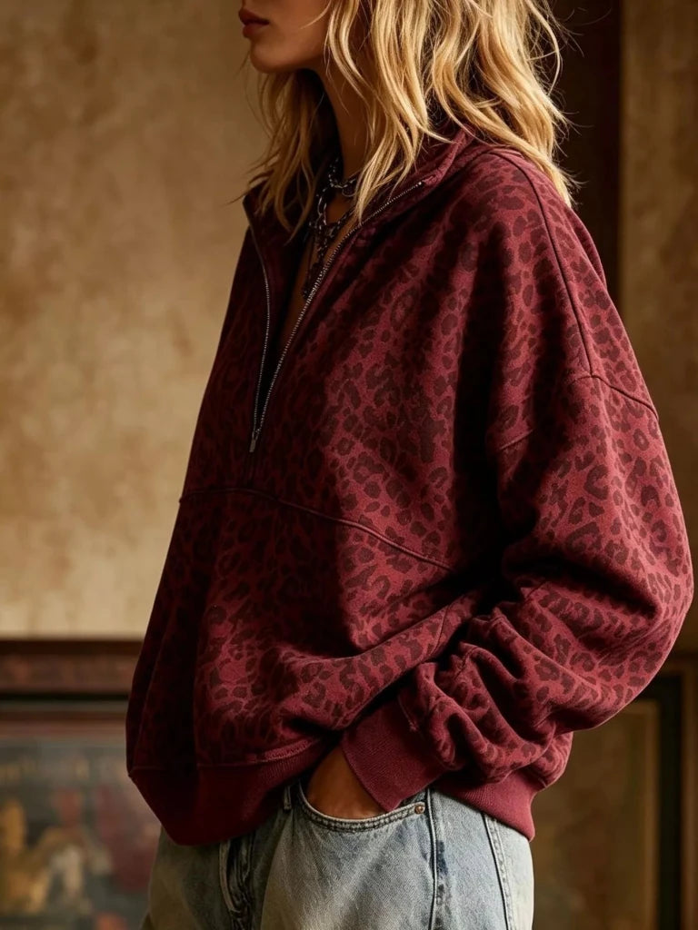 Burgundy leopard half-zip oversized sweatshirt, alternate view