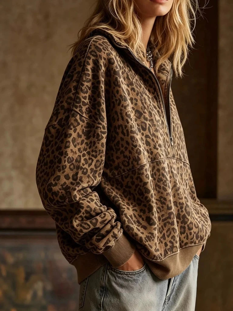Coffee brown leopard half-zip oversized sweatshirt, alternate view