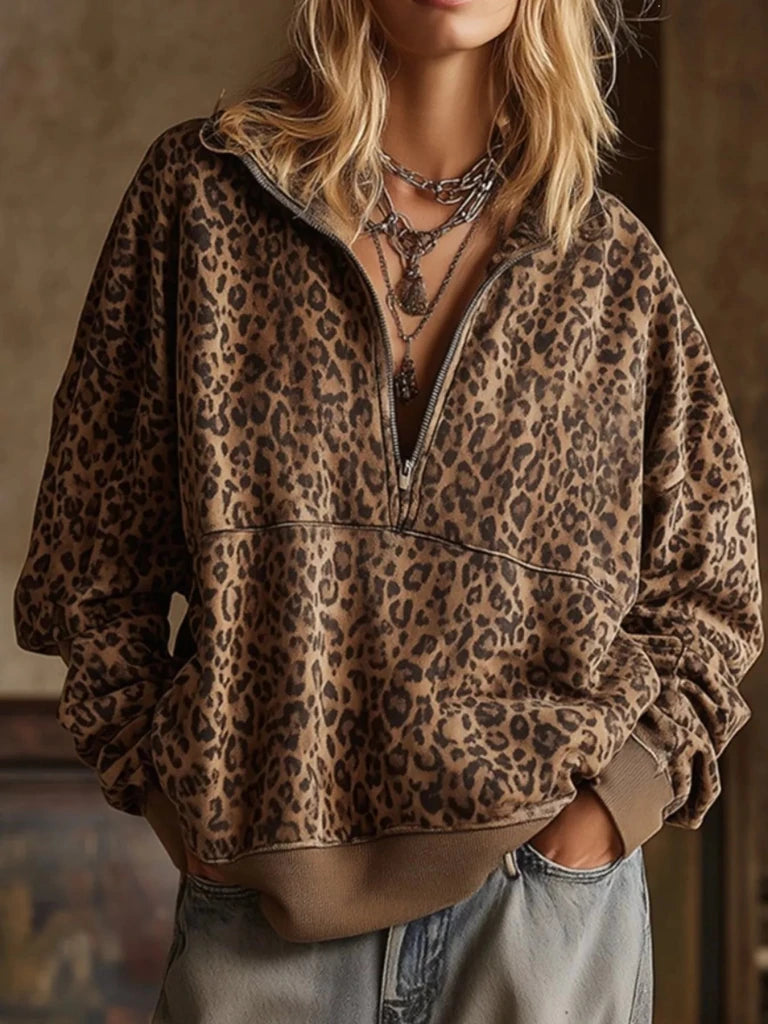 Coffee brown leopard print oversized sweatshirt with half-zip neckline