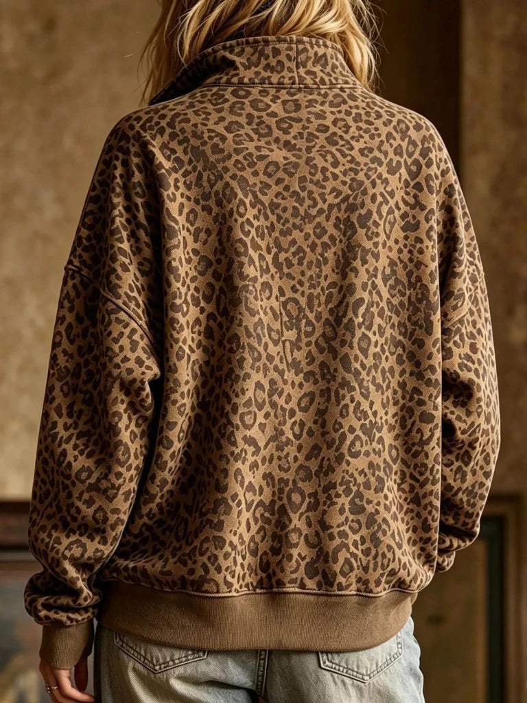Coffee brown leopard half-zip oversized sweatshirt, detail view