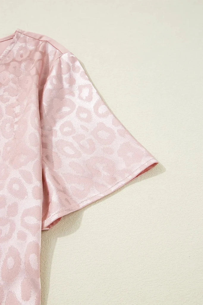 Leopard Jacquard Patchwork Crisscross V Neck Short Sleeve Blouse - Dusty Pink by Trendsi from FREYA’S CLOSET