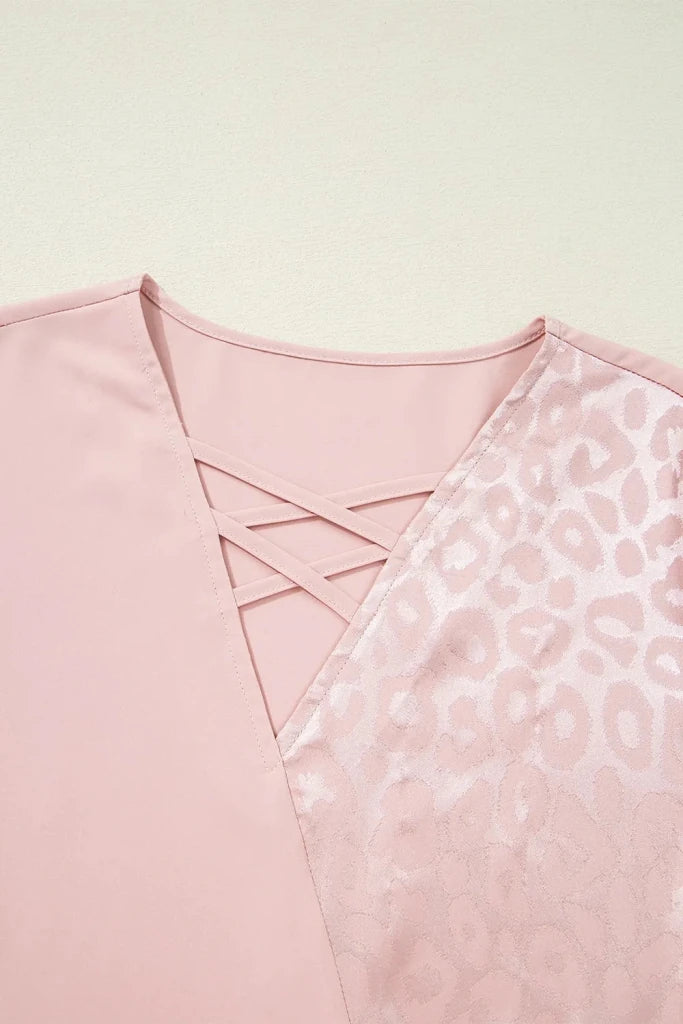 Leopard Jacquard Patchwork Crisscross V Neck Short Sleeve Blouse - Dusty Pink by Trendsi from FREYA’S CLOSET