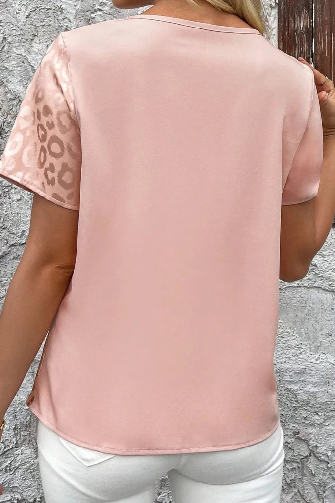 Leopard Jacquard Patchwork Crisscross V Neck Short Sleeve Blouse - Dusty Pink by Trendsi from FREYA’S CLOSET