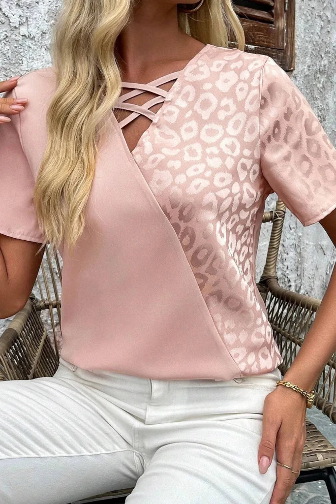 Leopard Jacquard Patchwork Crisscross V Neck Short Sleeve Blouse - Dusty Pink by Trendsi from FREYA’S CLOSET