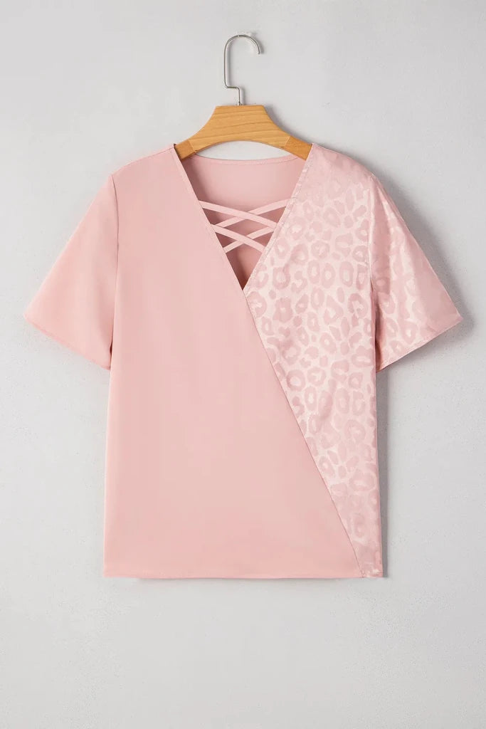 Leopard Jacquard Patchwork Crisscross V Neck Short Sleeve Blouse - Dusty Pink by Trendsi from FREYA’S CLOSET