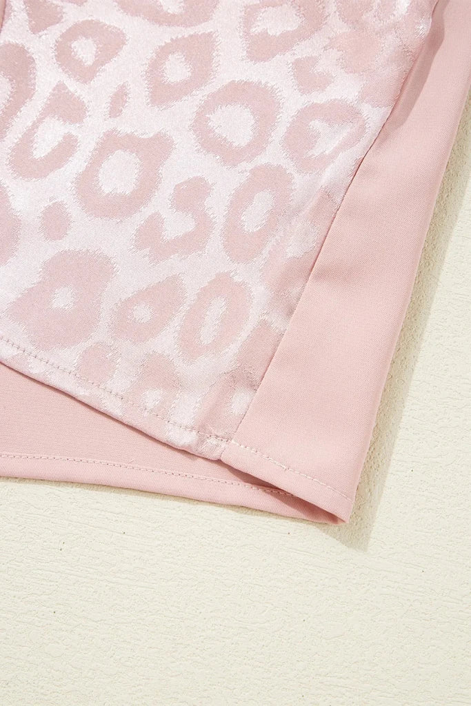 Leopard Jacquard Patchwork Crisscross V Neck Short Sleeve Blouse - Dusty Pink by Trendsi from FREYA’S CLOSET