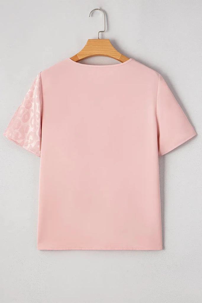 Leopard Jacquard Patchwork Crisscross V Neck Short Sleeve Blouse - Dusty Pink by Trendsi from FREYA’S CLOSET