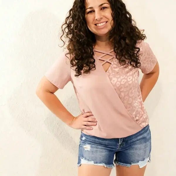 Leopard Jacquard Patchwork V Neck Short Sleeve Top - Dusty Pink by Trendsi from FREYA’S CLOSET