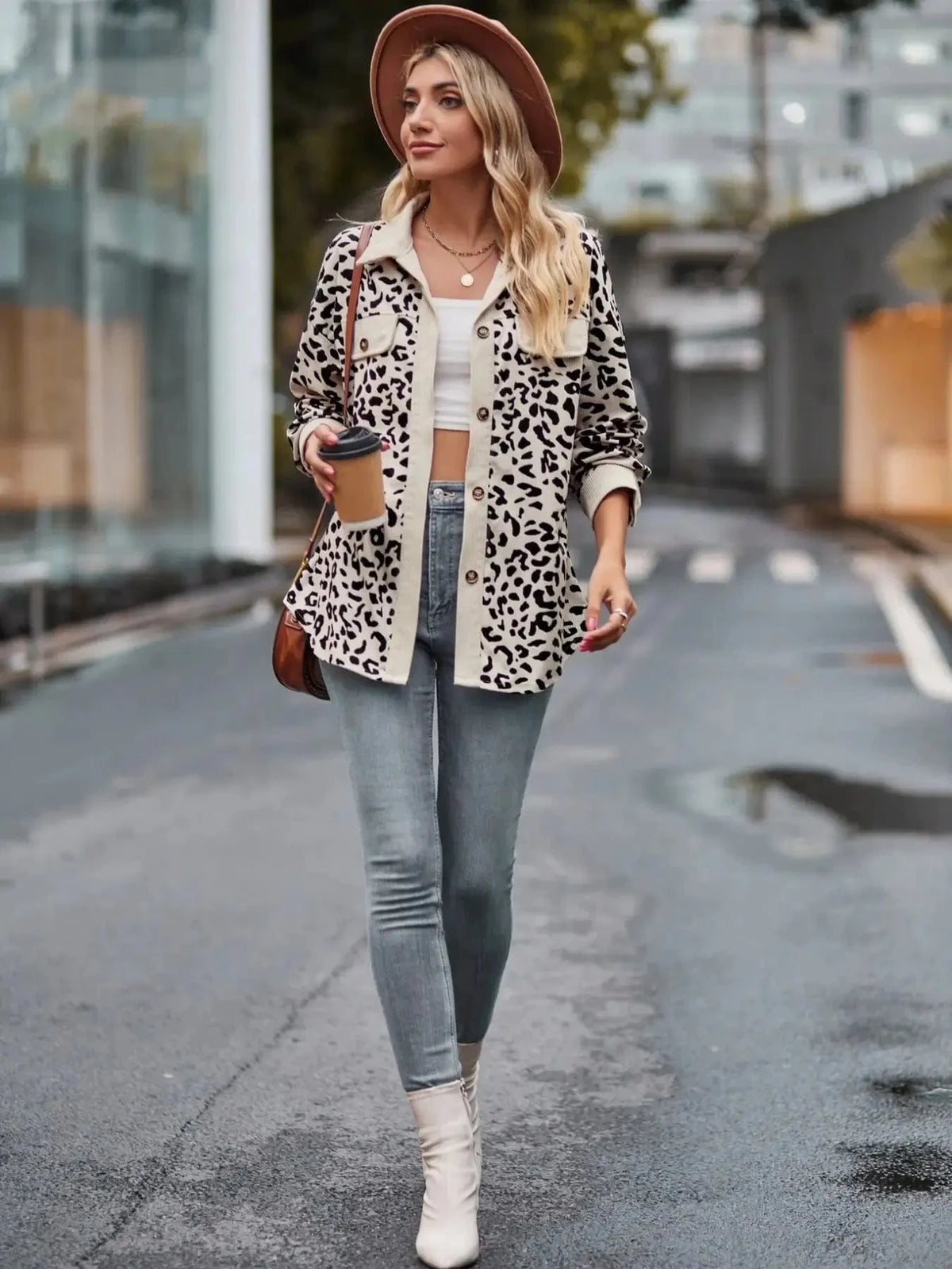 Trendsi Leopard Print Button-Up Contrast Shacket