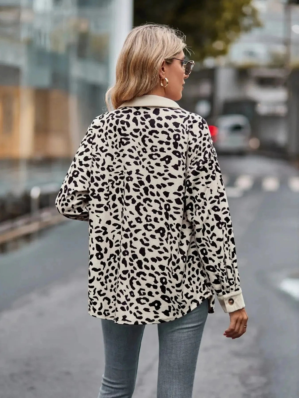 Trendsi Leopard Print Button-Up Contrast Shacket