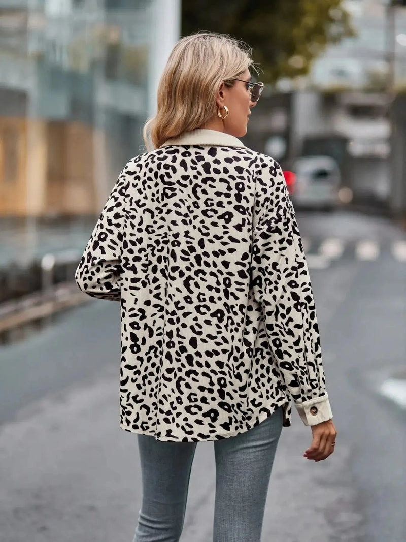 Trendsi Leopard Print Button-Up Contrast Shacket