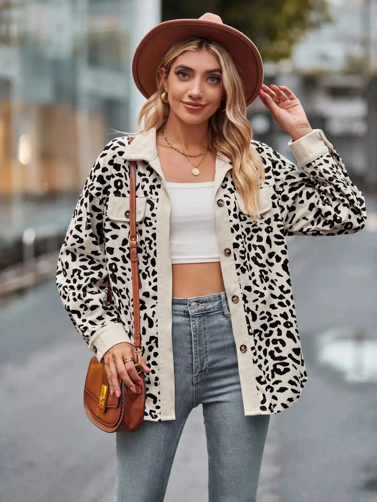 Trendsi Khaki / S Leopard Print Button-Up Contrast Shacket