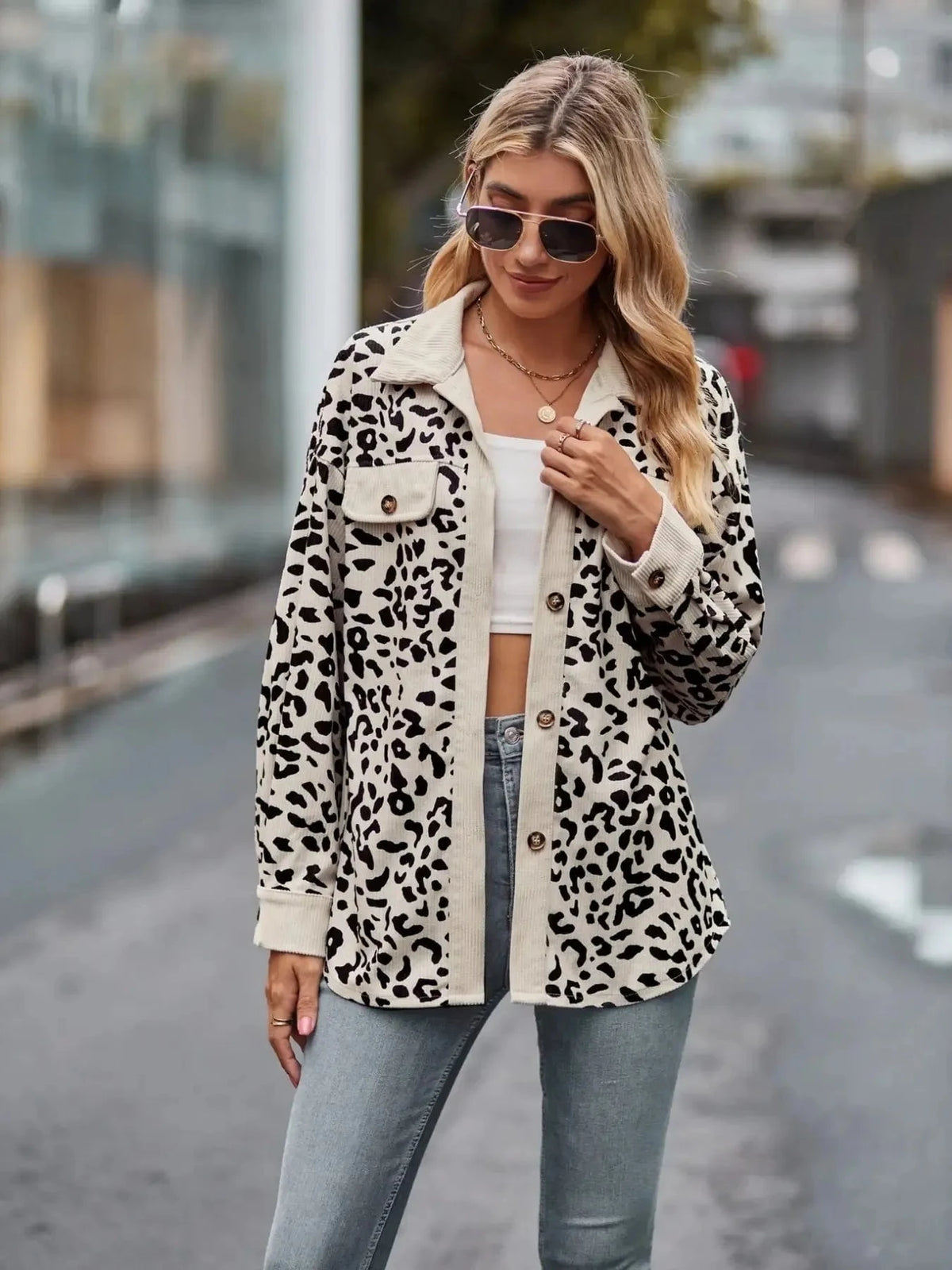 Trendsi Leopard Print Button-Up Contrast Shacket