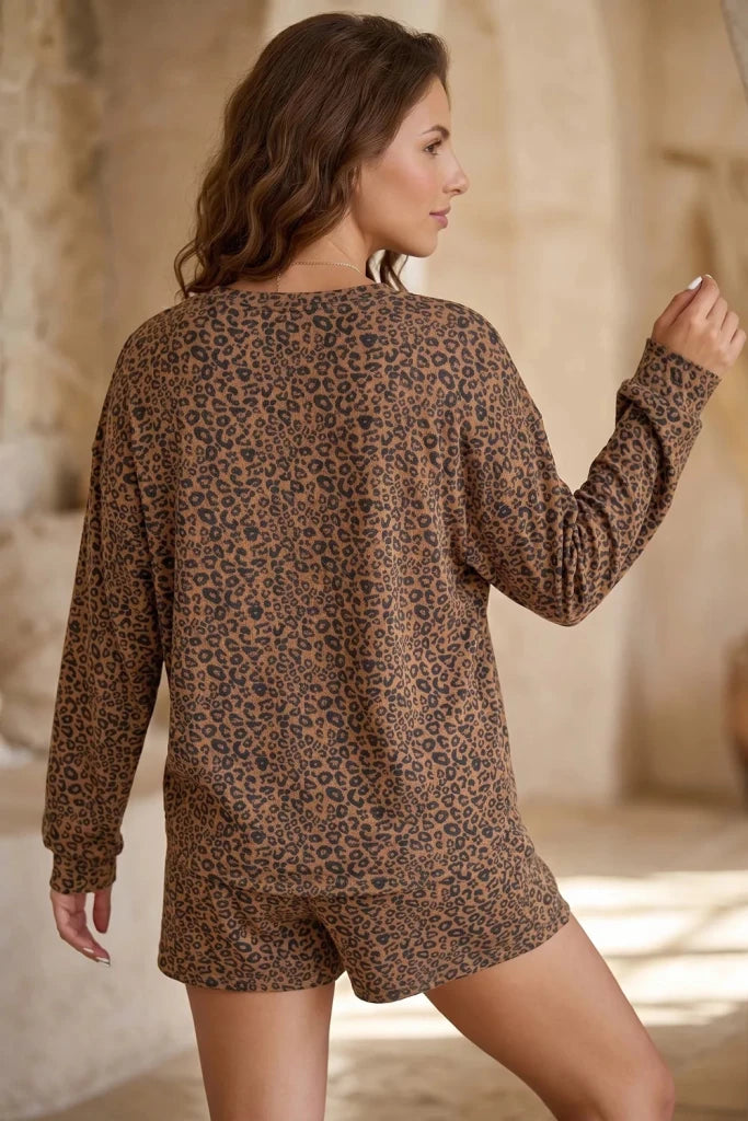 Leopard Print Long Sleeve Henley Top Elastic Waist Shorts 2pcs Outfit - Coffee Brown by Trendsi from FREYA’S CLOSET