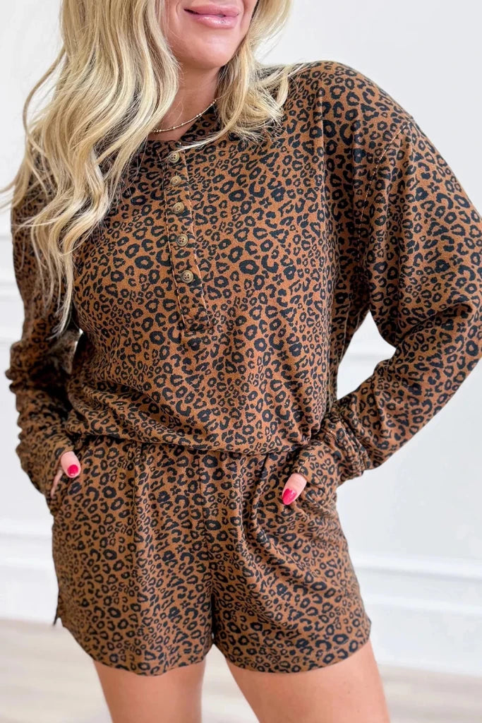 Leopard Print Long Sleeve Henley Top Elastic Waist Shorts 2pcs Outfit - Coffee Brown by Trendsi from FREYA’S CLOSET