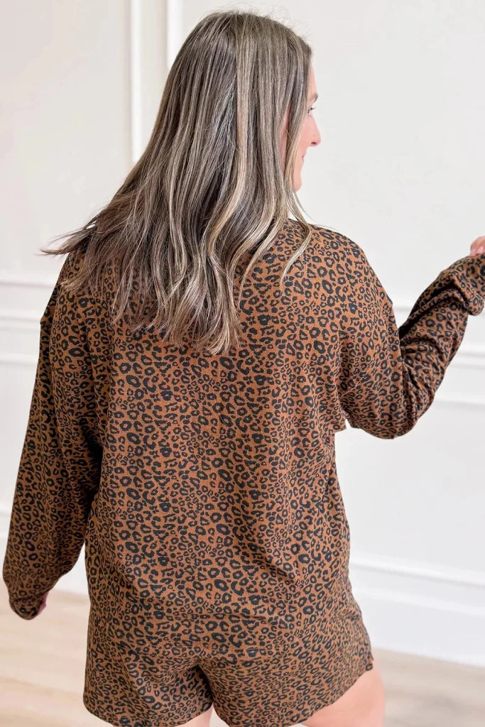 Leopard Print Long Sleeve Henley Top Elastic Waist Shorts 2pcs Outfit - Coffee Brown by Trendsi from FREYA’S CLOSET