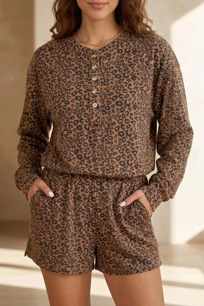 Leopard Print Long Sleeve Henley Top Elastic Waist Shorts 2pcs Outfit - Coffee Brown by Trendsi from FREYA’S CLOSET