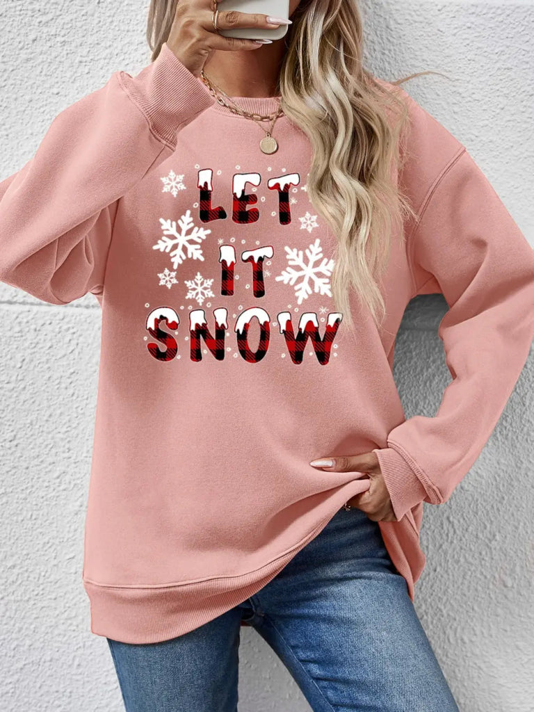 LET IT SNOW Round Neck Long Sleeve Sweatshirt - Blush Pink by Trendsi from FREYA’S CLOSET