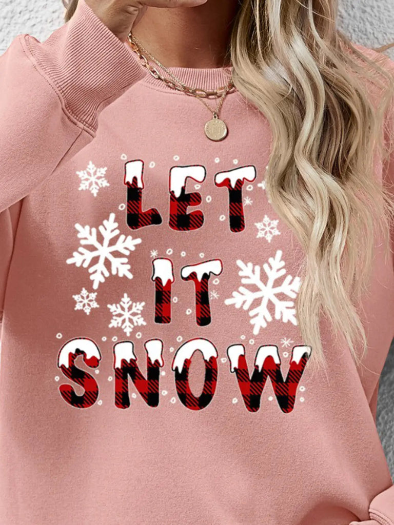 LET IT SNOW Round Neck Long Sleeve Sweatshirt - Blush Pink by Trendsi from FREYA’S CLOSET
