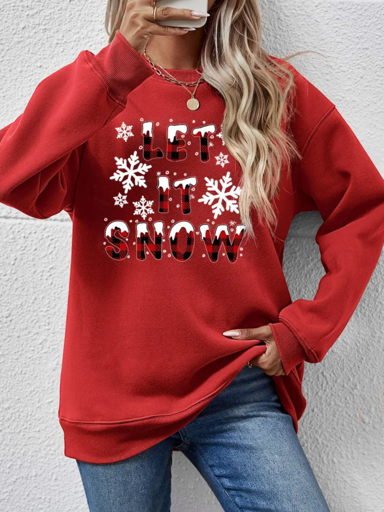 LET IT SNOW Round Neck Long Sleeve Sweatshirt - Deep Red by Trendsi from FREYA’S CLOSET