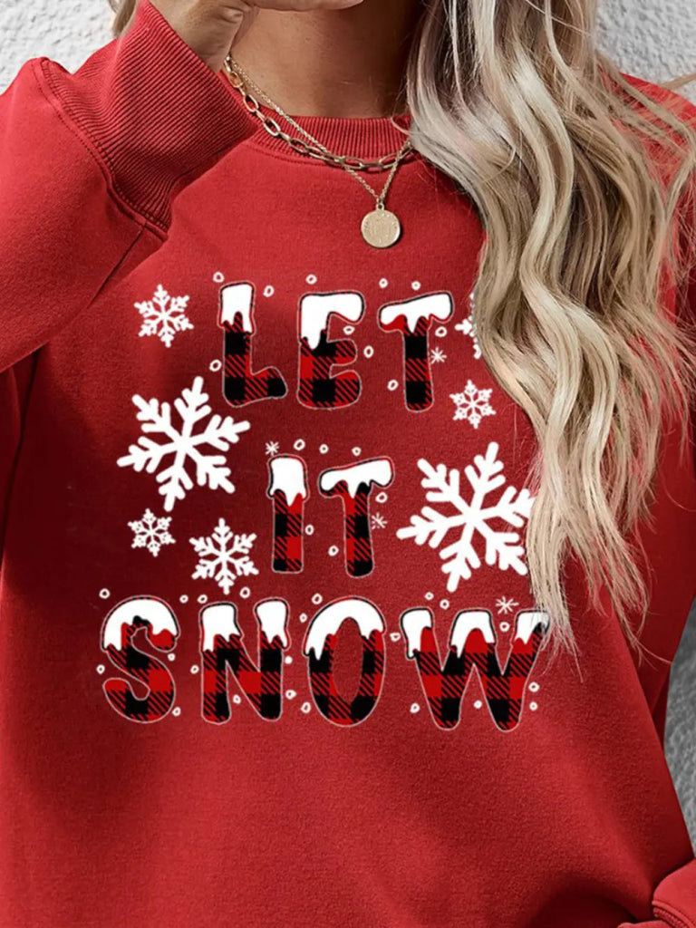 LET IT SNOW Round Neck Long Sleeve Sweatshirt - Deep Red by Trendsi from FREYA’S CLOSET