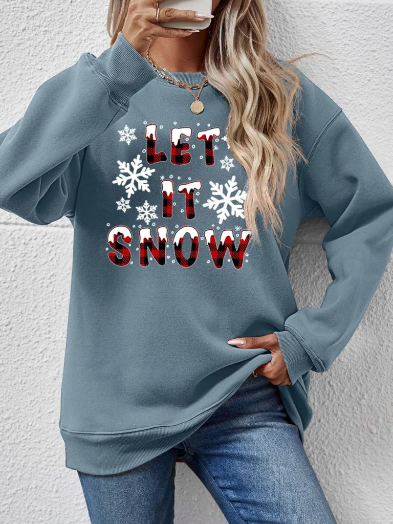 LET IT SNOW Round Neck Long Sleeve Sweatshirt - French Blue by Trendsi from FREYA’S CLOSET