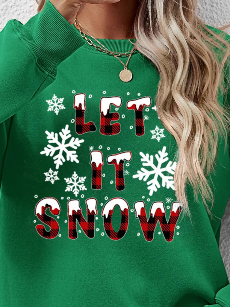 LET IT SNOW Round Neck Long Sleeve Sweatshirt - Green by Trendsi from FREYA’S CLOSET