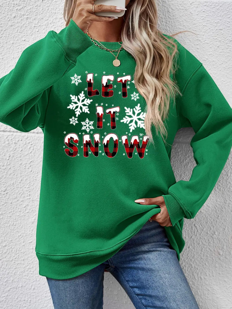 LET IT SNOW Round Neck Long Sleeve Sweatshirt - Green by Trendsi from FREYA’S CLOSET