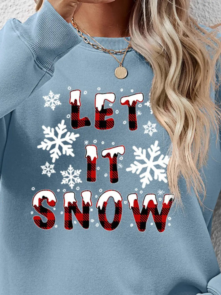 LET IT SNOW Round Neck Long Sleeve Sweatshirt - Misty Blue by Trendsi from FREYA’S CLOSET
