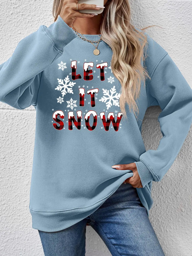 LET IT SNOW Round Neck Long Sleeve Sweatshirt - Misty Blue by Trendsi from FREYA’S CLOSET