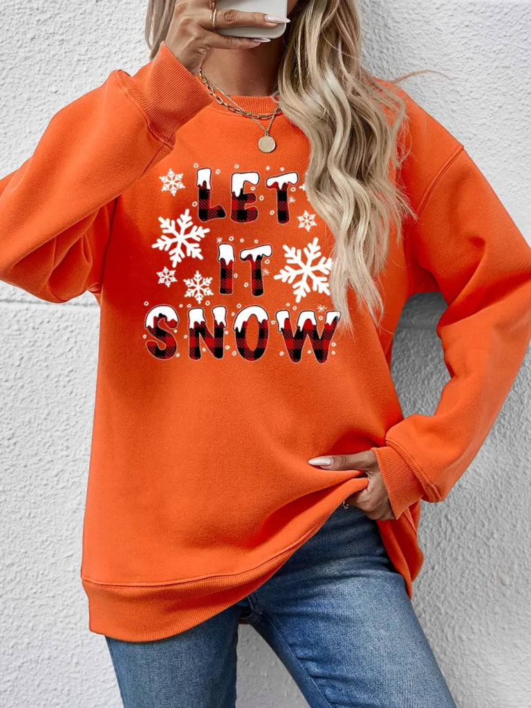LET IT SNOW Round Neck Long Sleeve Sweatshirt - Pumpkin by Trendsi from FREYA’S CLOSET