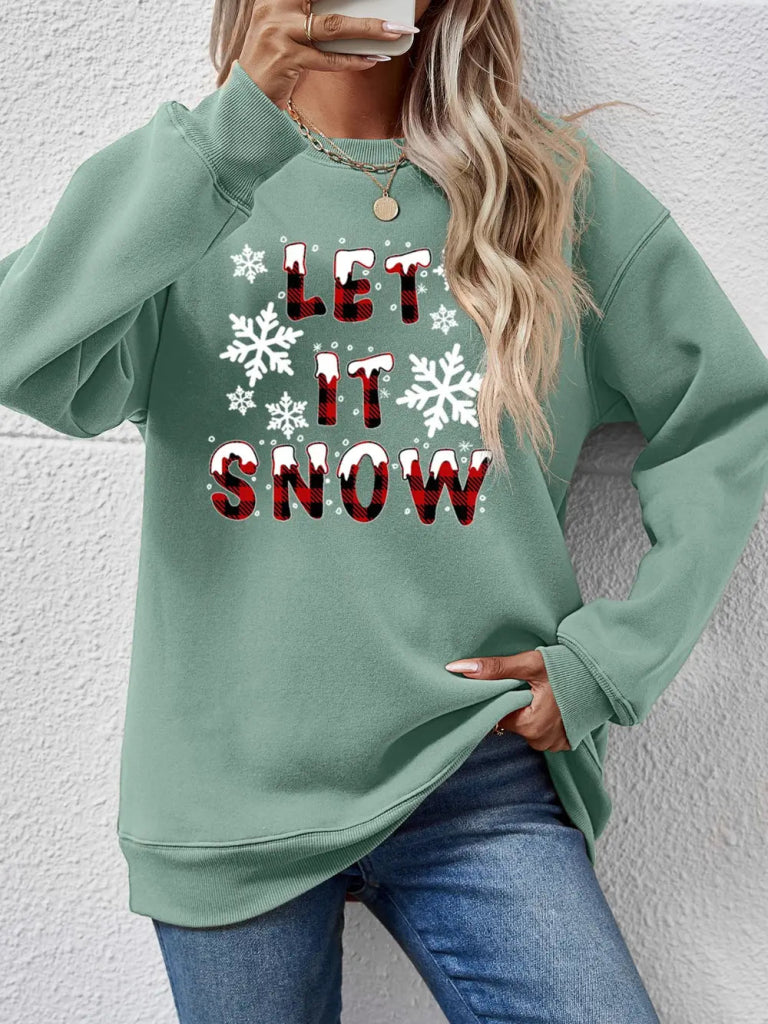 LET IT SNOW Round Neck Long Sleeve Sweatshirt - Sage by Trendsi from FREYA’S CLOSET