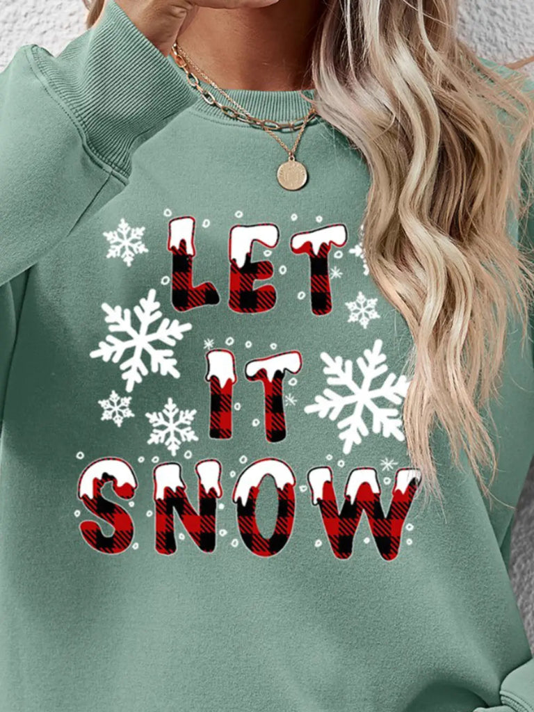LET IT SNOW Round Neck Long Sleeve Sweatshirt - Sage by Trendsi from FREYA’S CLOSET