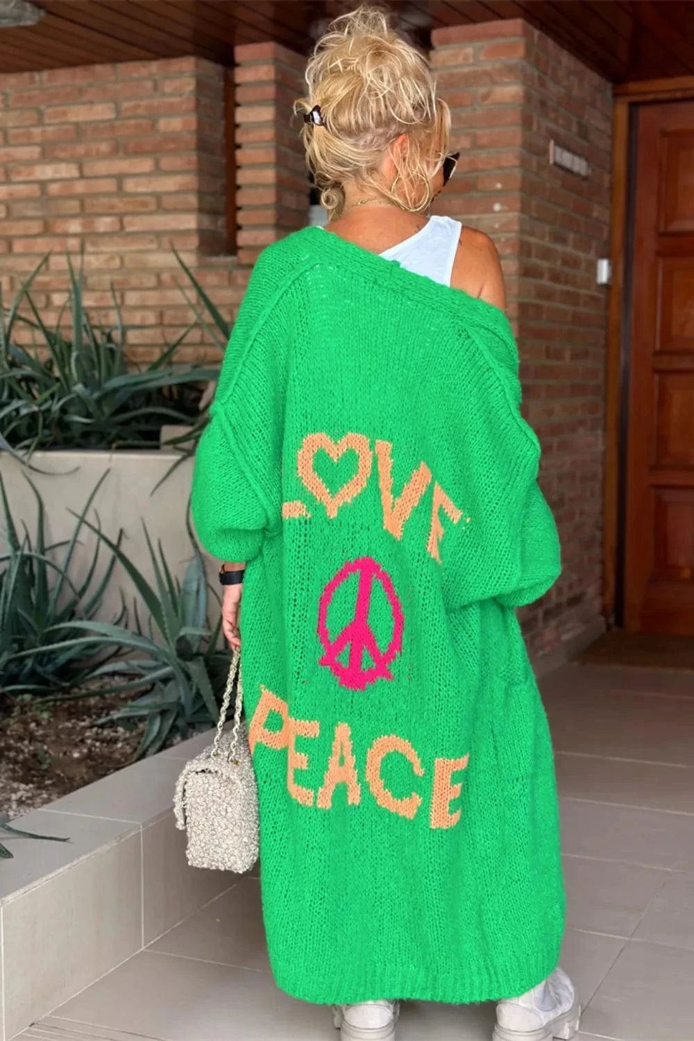 Trendsi Green / S/M Letter Dropped Shoulder Long Sleeve Cardigan