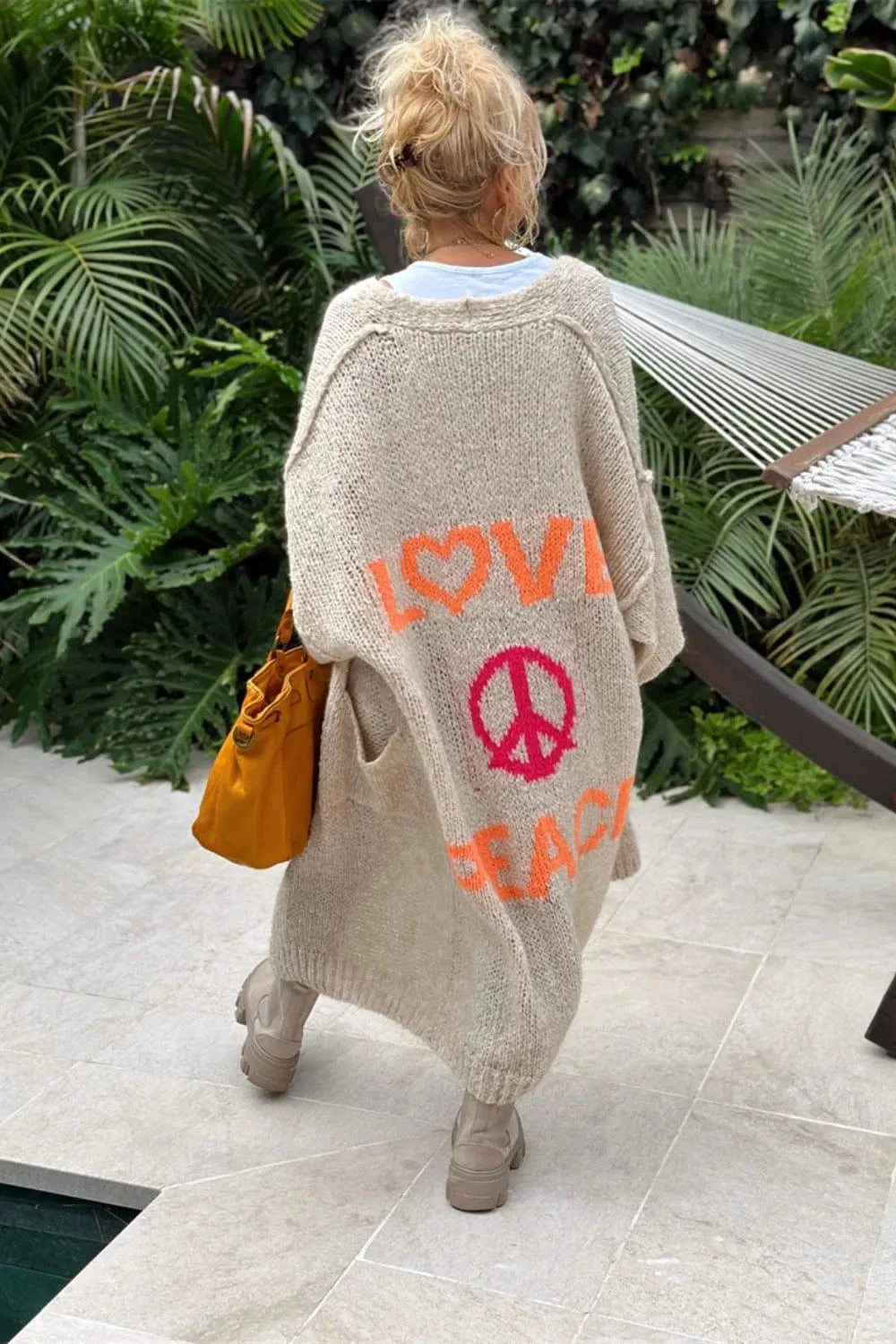 Trendsi Khaki / S/M Letter Dropped Shoulder Long Sleeve Cardigan