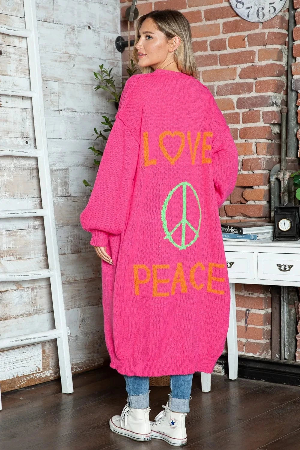 Trendsi Deep Rose / S/M Letter Dropped Shoulder Long Sleeve Cardigan