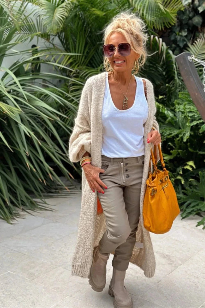 Letter Dropped Shoulder Long Sleeve Cardigan - Khaki by Trendsi from FREYA’S CLOSET