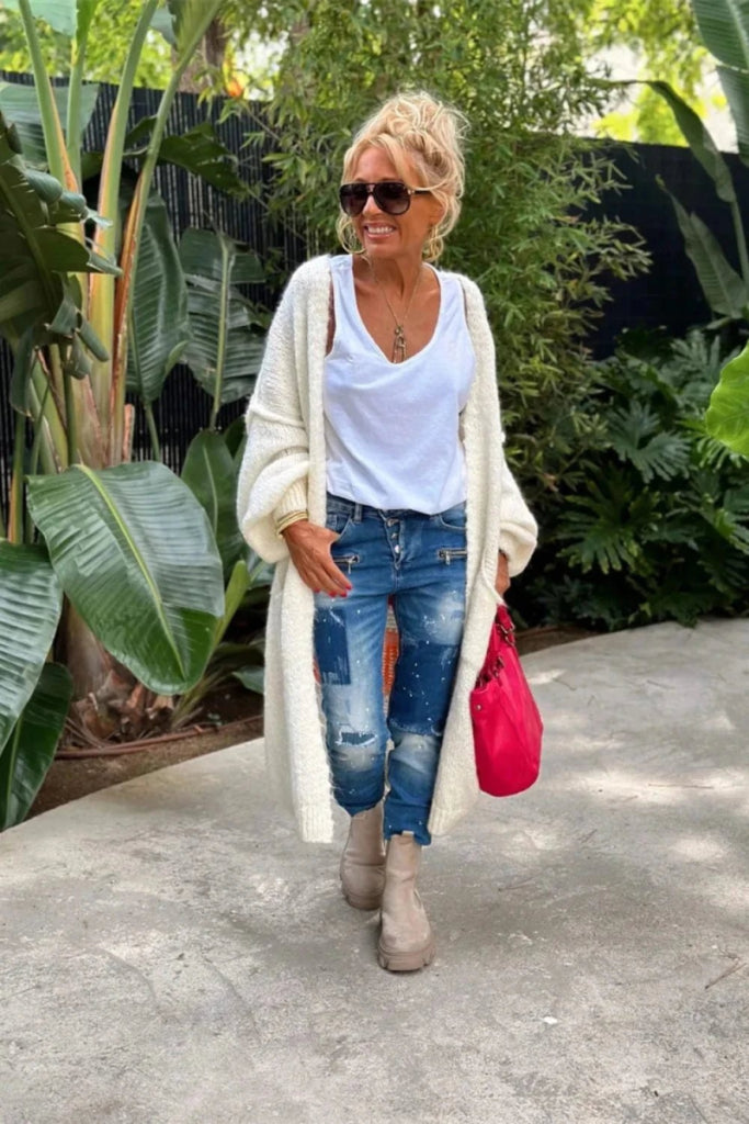 Letter Dropped Shoulder Long Sleeve Cardigan - White by Trendsi from FREYA’S CLOSET