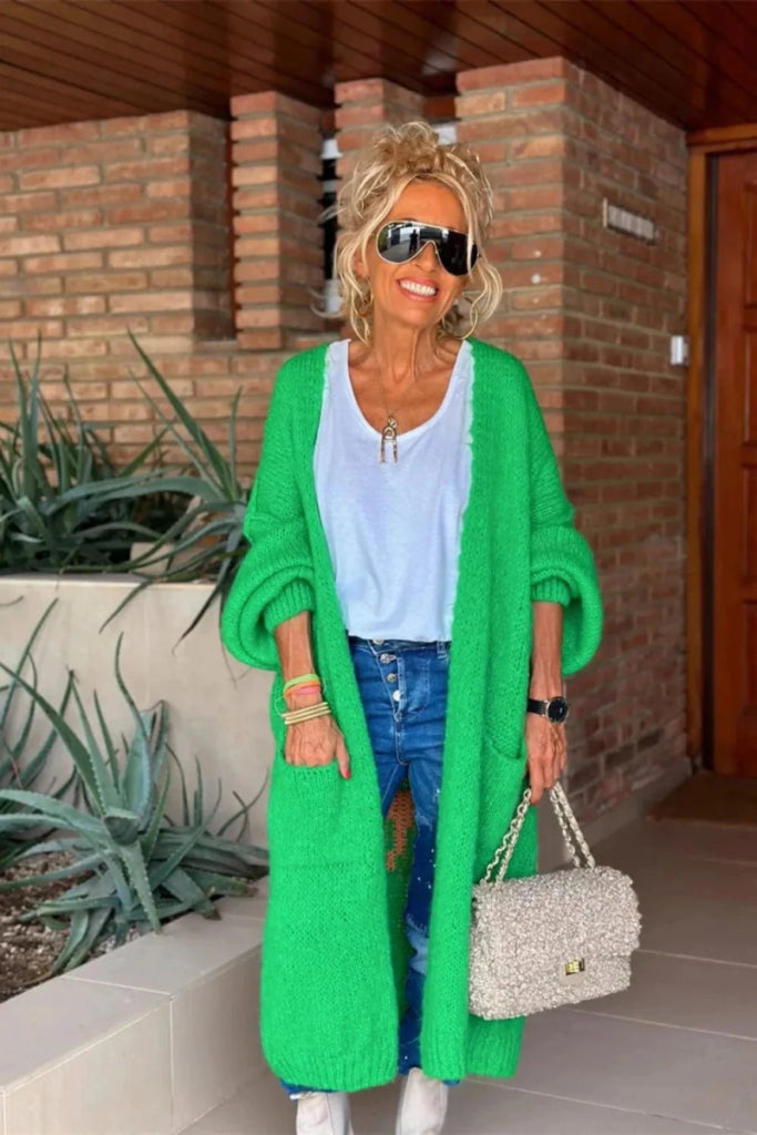 Letter Dropped Shoulder Long Sleeve Cardigan - Green by Trendsi from FREYA’S CLOSET