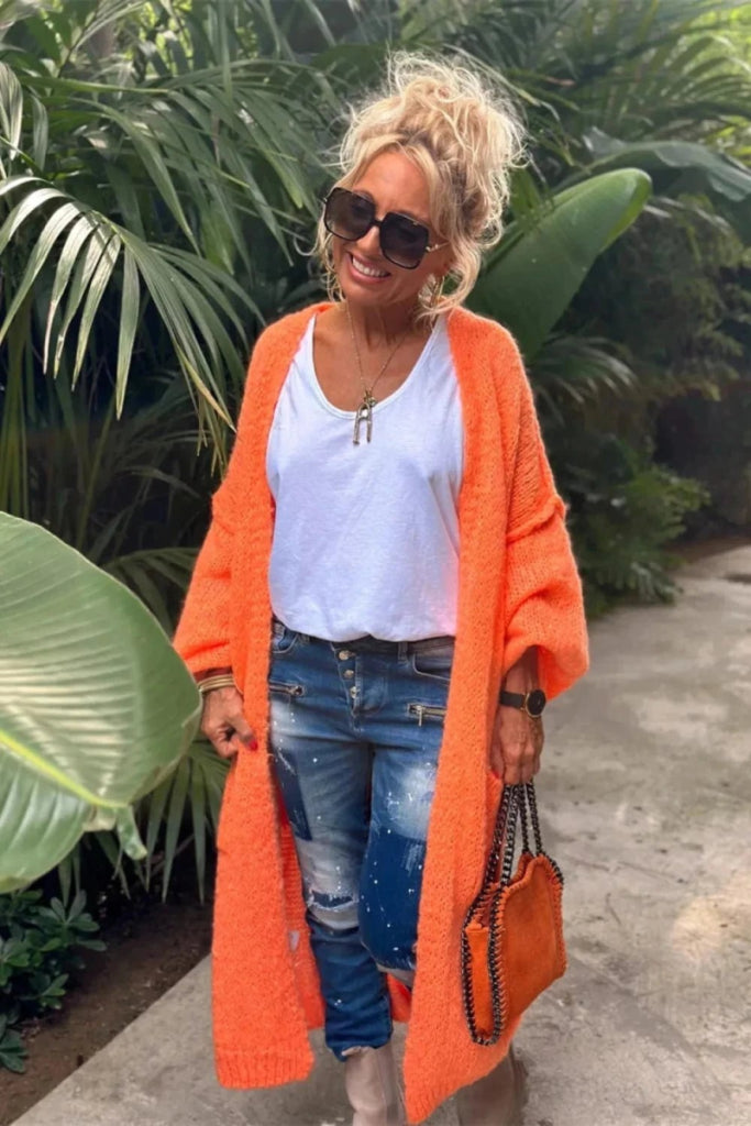 Letter Dropped Shoulder Long Sleeve Cardigan - Orange by Trendsi from FREYA’S CLOSET