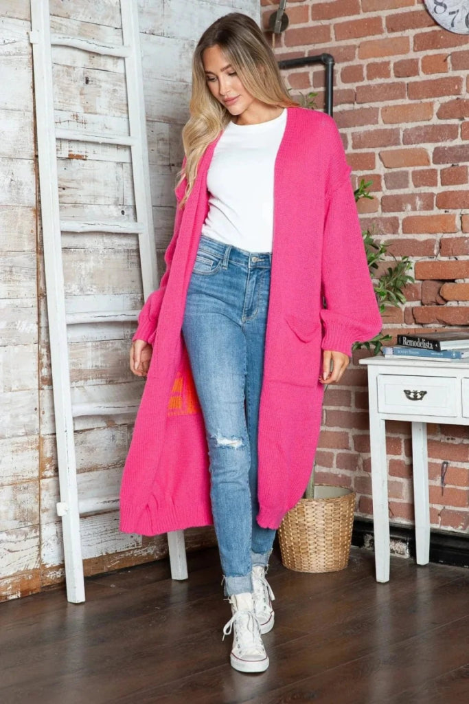 Letter Dropped Shoulder Long Sleeve Cardigan - Deep Rose by Trendsi from FREYA’S CLOSET