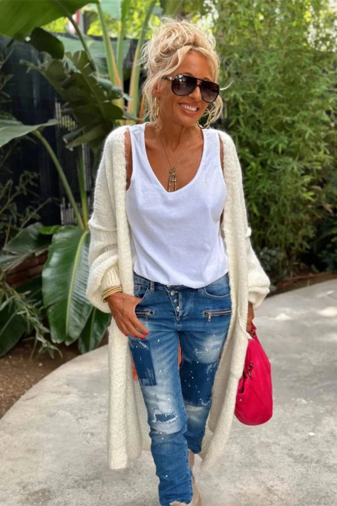 Letter Dropped Shoulder Long Sleeve Cardigan - White by Trendsi from FREYA’S CLOSET