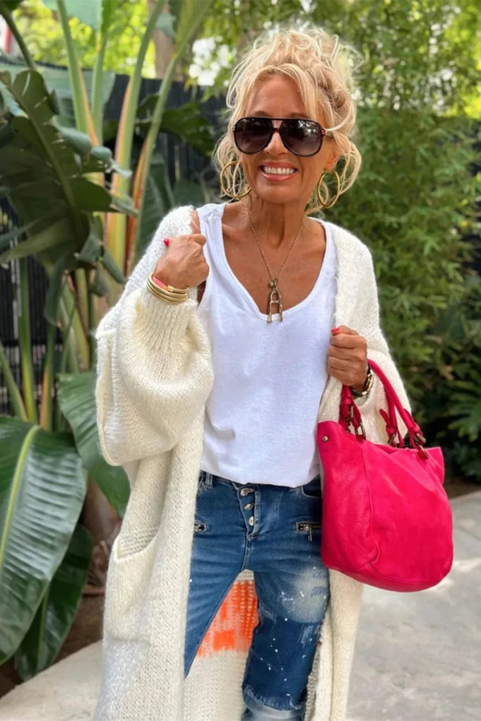 Letter Dropped Shoulder Long Sleeve Cardigan - White by Trendsi from FREYA’S CLOSET