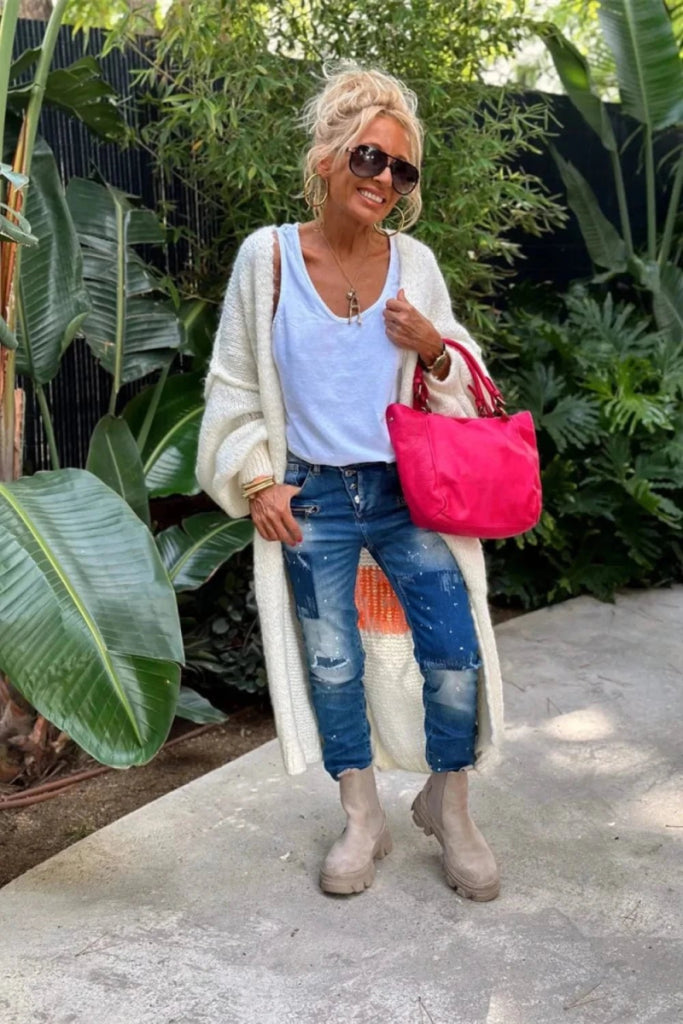 Letter Dropped Shoulder Long Sleeve Cardigan - White by Trendsi from FREYA’S CLOSET