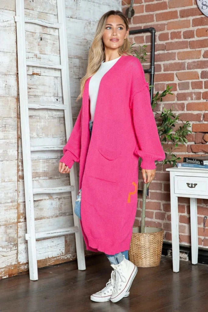 Letter Dropped Shoulder Long Sleeve Cardigan - Deep Rose by Trendsi from FREYA’S CLOSET