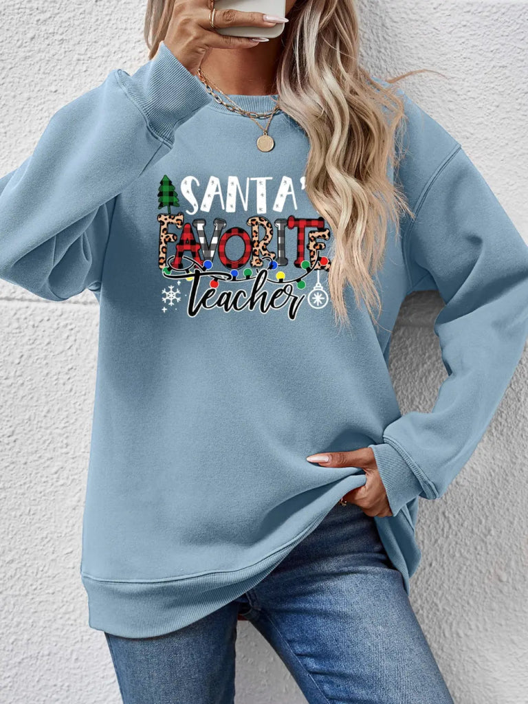 Letter Graphic Sweatshirt - Misty Blue by Trendsi from FREYA’S CLOSET