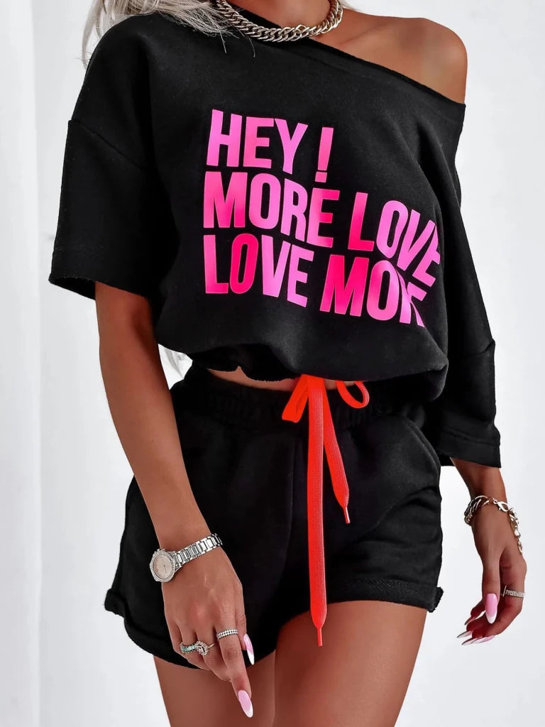 Letter Graphic Top and Shorts Set - Black by Trendsi from FREYA’S CLOSET