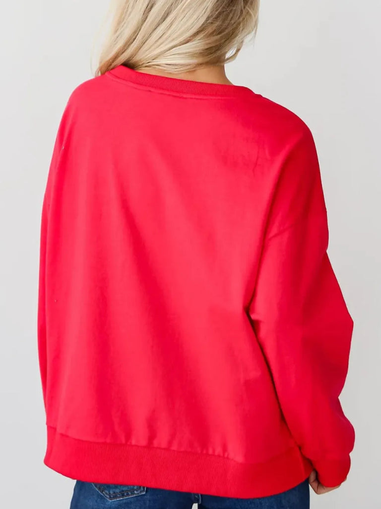 Letter Round Neck Long Sleeve Sweatshirt - Red by Trendsi from FREYA’S CLOSET