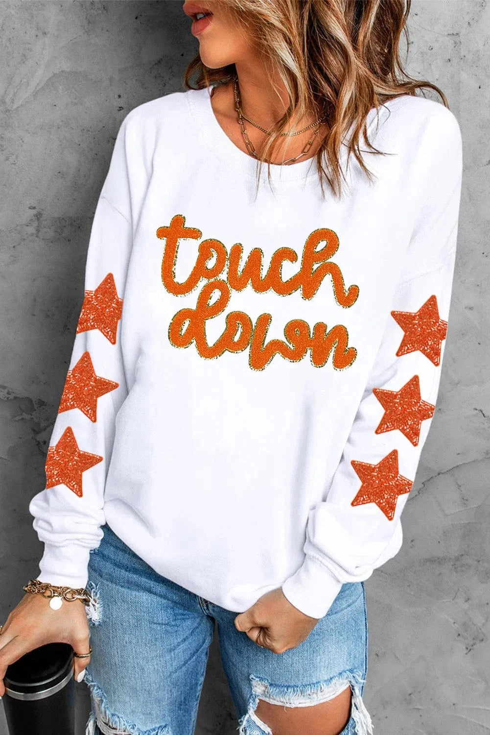 Trendsi White / S Letter & Star Round Neck Long Sleeve Sweatshirt