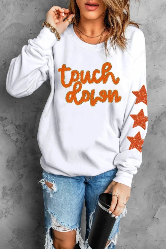 Letter & Star Round Neck Long Sleeve Sweatshirt - White by Trendsi from FREYA’S CLOSET